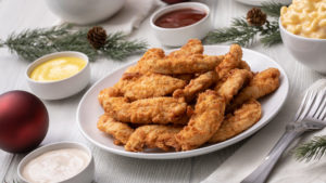 Holiday table arrangement with chicken strips and mac and cheese